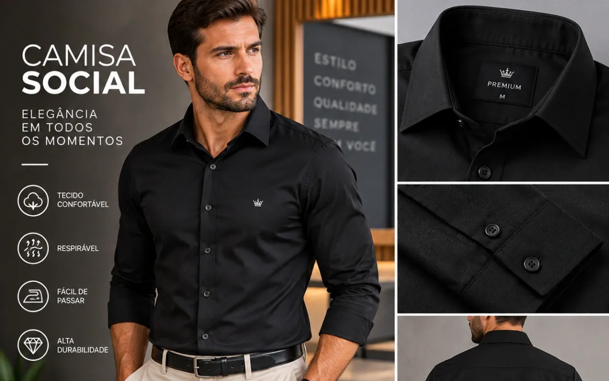 Camisa Social Masculina Premium — Preta